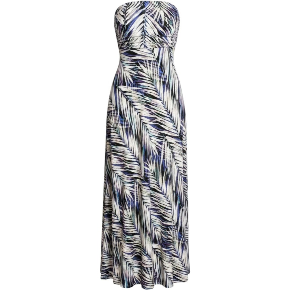 Banana Republic Womens Strapless Maxi Dress Small Blue Palm Leaf Tropical Summer